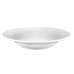 A side view of a white wide rim 9" bowl or soup plate available to hire in York