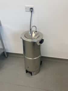 A far hot of a hand wash unit available to hire. It has an electric pump and is made of stainless steel. Hygienic hand wash station