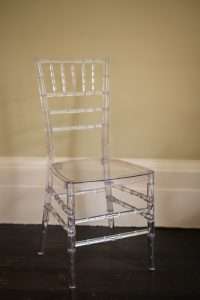 YES Hire's Ice Chiavari, available to hire. A clear chair, ideal for festive events