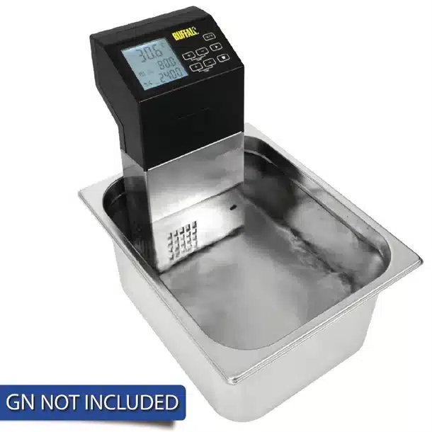 Buffalo Sous-vide Circulator 3 A stock picture of a sous-vide circulator available t hire from YES Hire. It is shown set up with a gastronorm, available to hire separately.